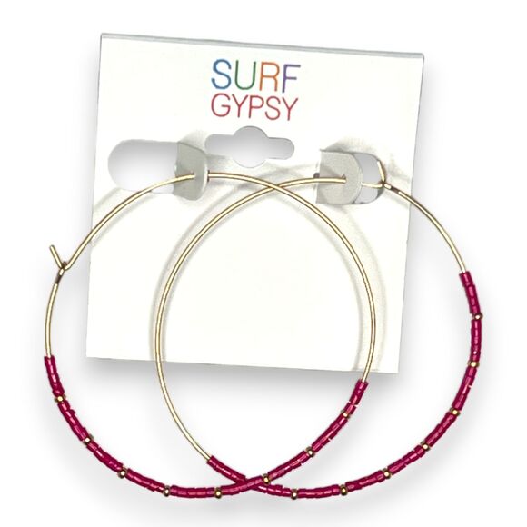 Surf Gypsy Large Red Seed Bead Hoop Earrings 2.75" NWT Gold Tone Boho Statement - Picture 2 of 6